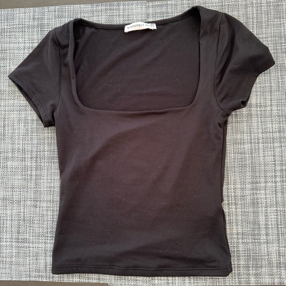 Sincerely Jules Square Neck Short Sleeve Cropped Basic Shirt Black Womens XXS - Picture 1 of 4